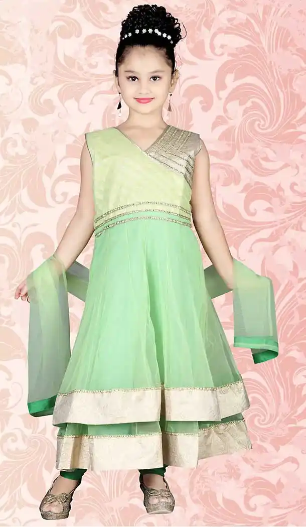 Mint Green Color Brocade Anarkali Style Girls Readymade Salwar Kameez | FH509077530