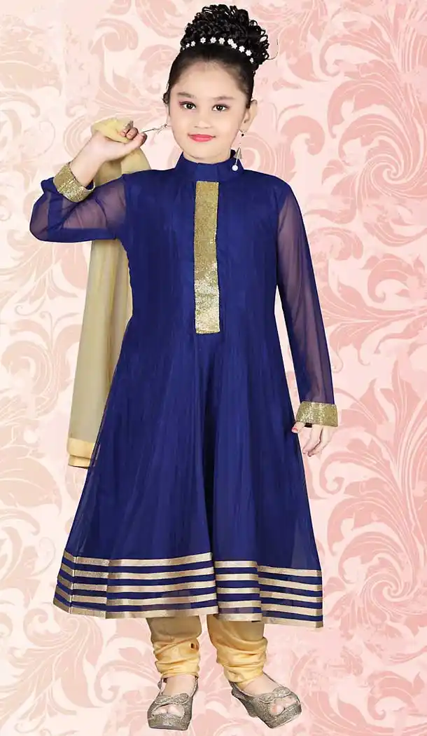 Navy Blue Color Brocade Anarkali Style Girls Readymade Salwar Kameez | FH509077531