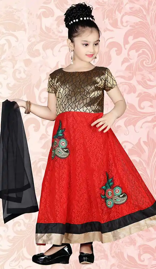 Red Color Net Anarkali Style Girls Readymade Salwar Kameez | FH509077532