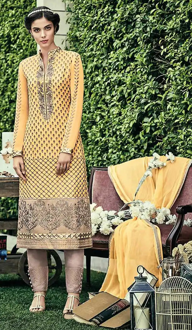 Yellow Color Chiffon Straight Cut Style Narrow Pants Suit | FH509277564