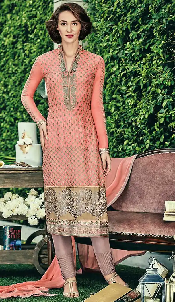 Salmon Color Chiffon Straight Cut Style Narrow Pants Suit | FH509277565