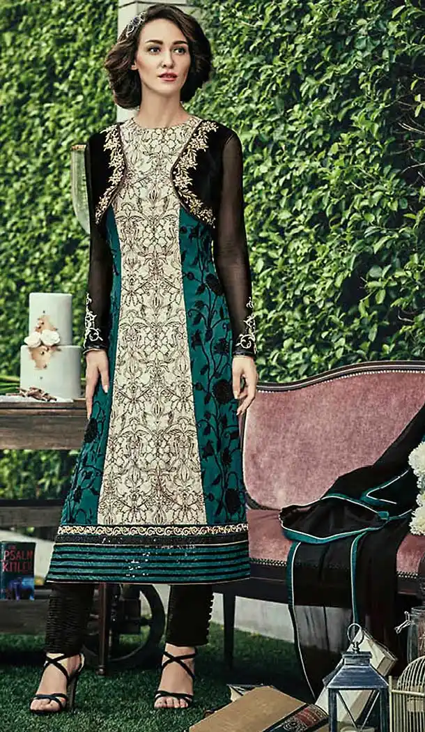 Bottle Green Color Chiffon Straight Cut Style Narrow Pants Suit | FH509277566