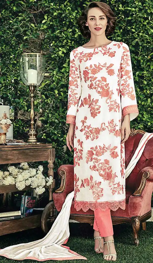 Off White Color Chiffon Straight Cut Style Narrow Pants Suit | FH509277568