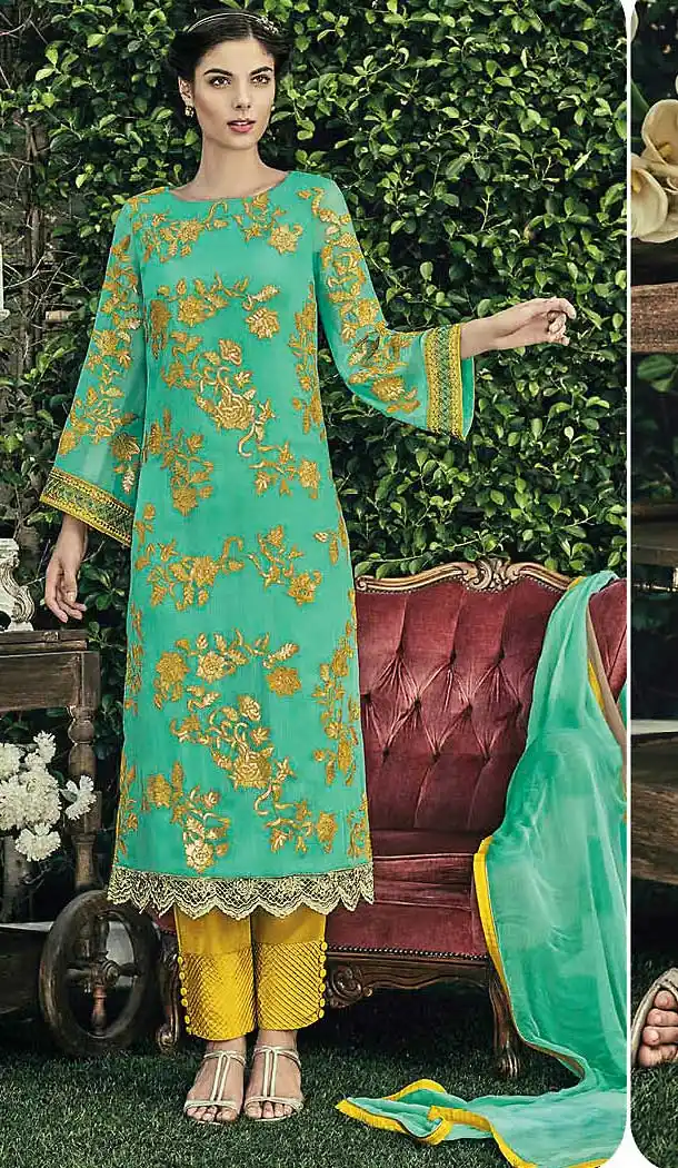 Green Color Chiffon Straight Cut Style Narrow Pants Suit | FH509277569