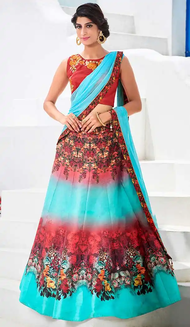 Turquoise Color Silk Circular Style Designer Wear Lehenga Choli | FH509477604