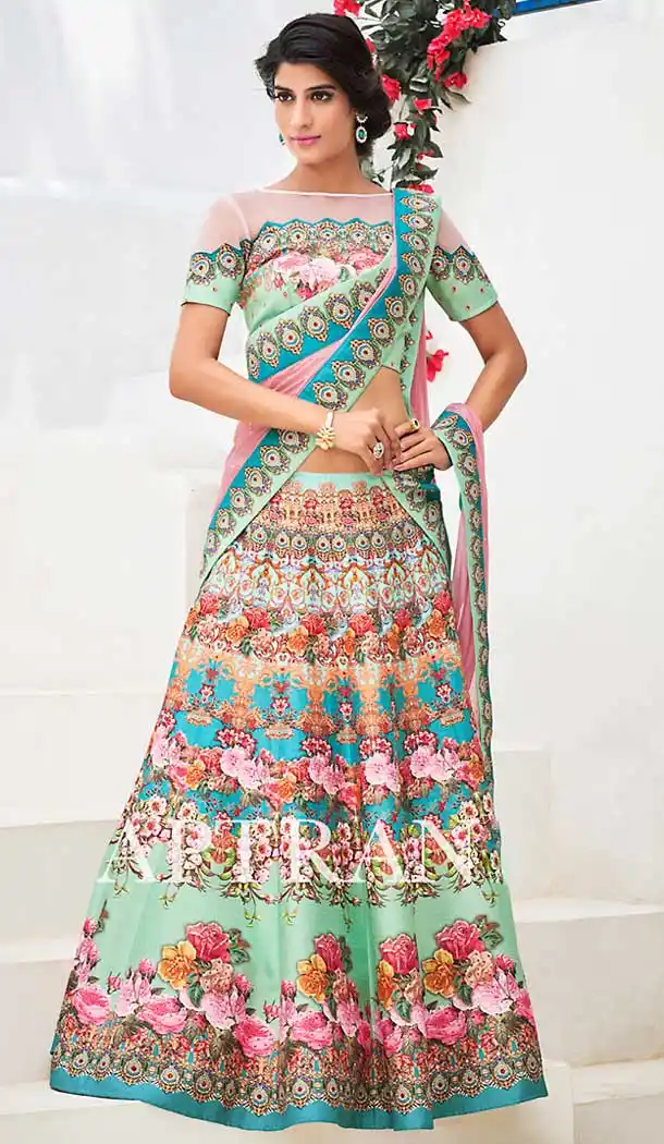 Aloe Vera Green Color Silk Circular Style Designer Wear Lehenga Choli | FH509477605