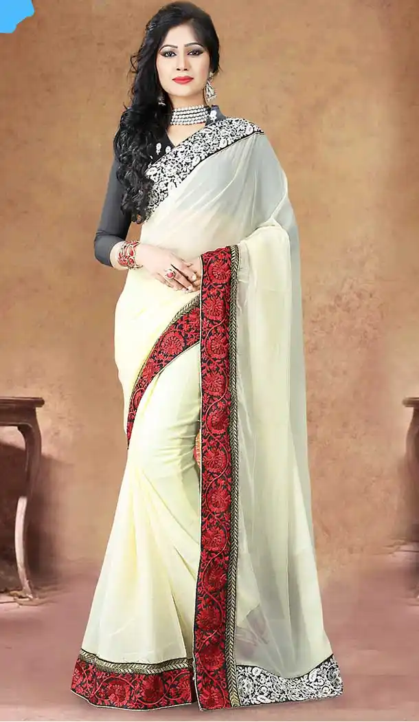 Cream Color Georgette Contemporary Style Saree | FH509577574