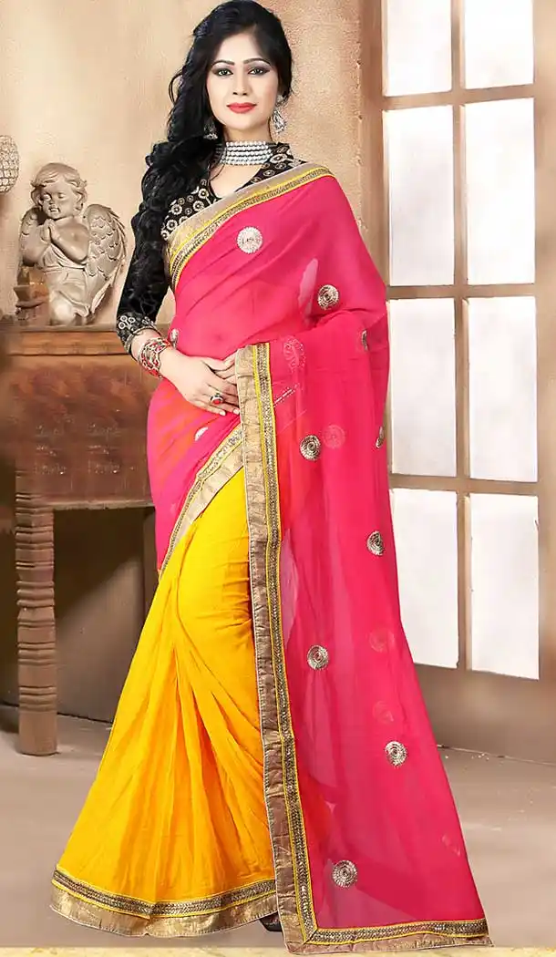 Deep Pink Color Georgette Contemporary Style Saree | FH509577578