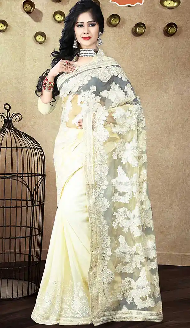 Cream Color Georgette Contemporary Style Saree | FH509577587