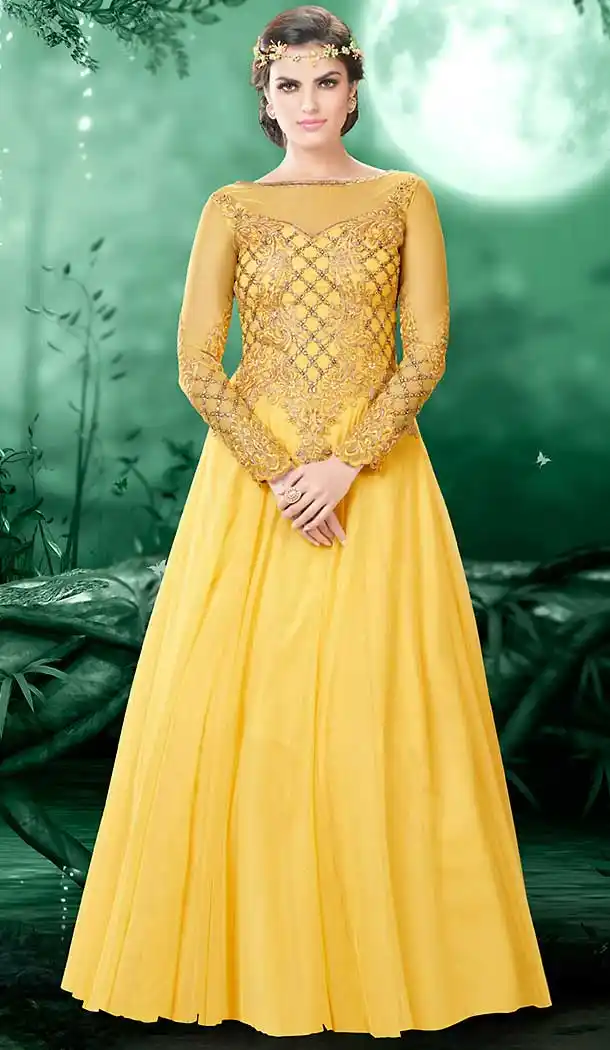 Yellow Color Net Embroidery Work Party Wear Style Gowns | FH509677632