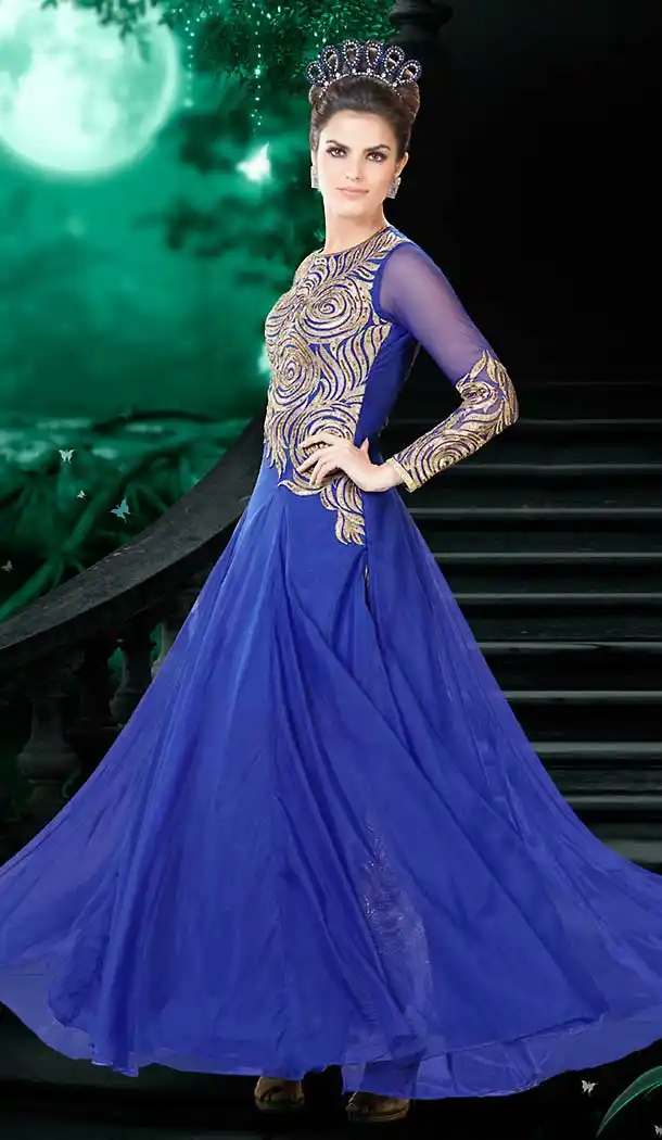Blue Color Net Embroidery Work Party Wear Style Gowns | FH509677633