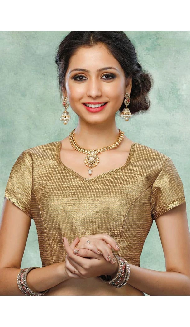 V Neck Style Readymade Blouse in Beige Color Brocade | FH511677900