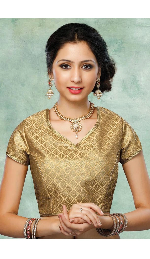 V Neck Style Brocade Readymade Blouse in Beige Color | FH511677901