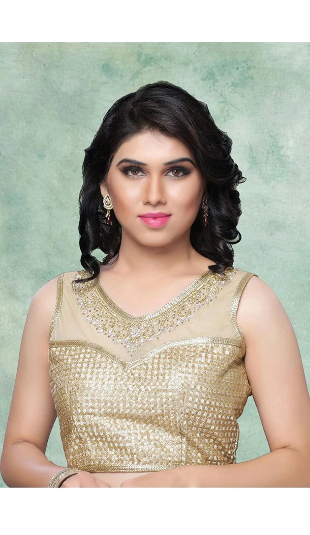 V Neck Style Brocade Readymade Blouse in Beige Color | FH511677902