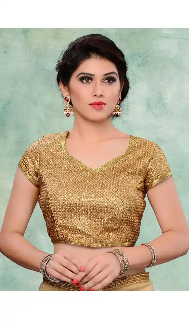 V Neck Style Brocade Readymade Blouse in Tan Brown Color | FH511677903