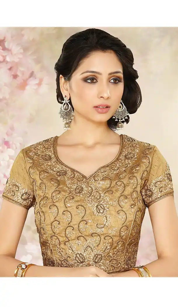 French Beige Color Silk Pointed U Neck Designer Readymade Blouse | FH511777910