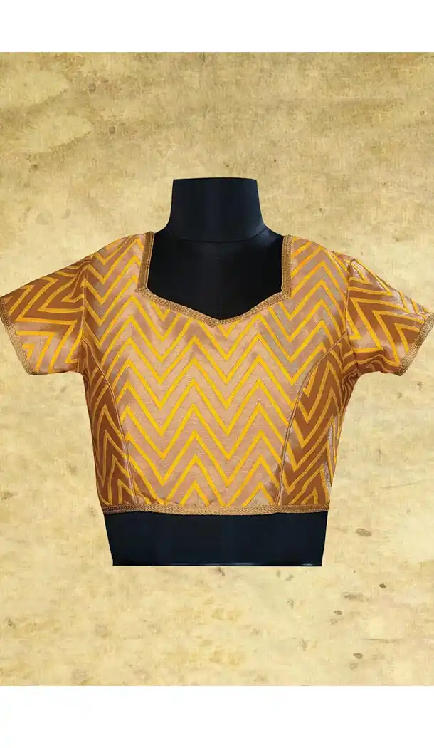 Designer Readymade Blouse in Beige Color Brocade Pointed Sweet Heart Neck | FH511877936