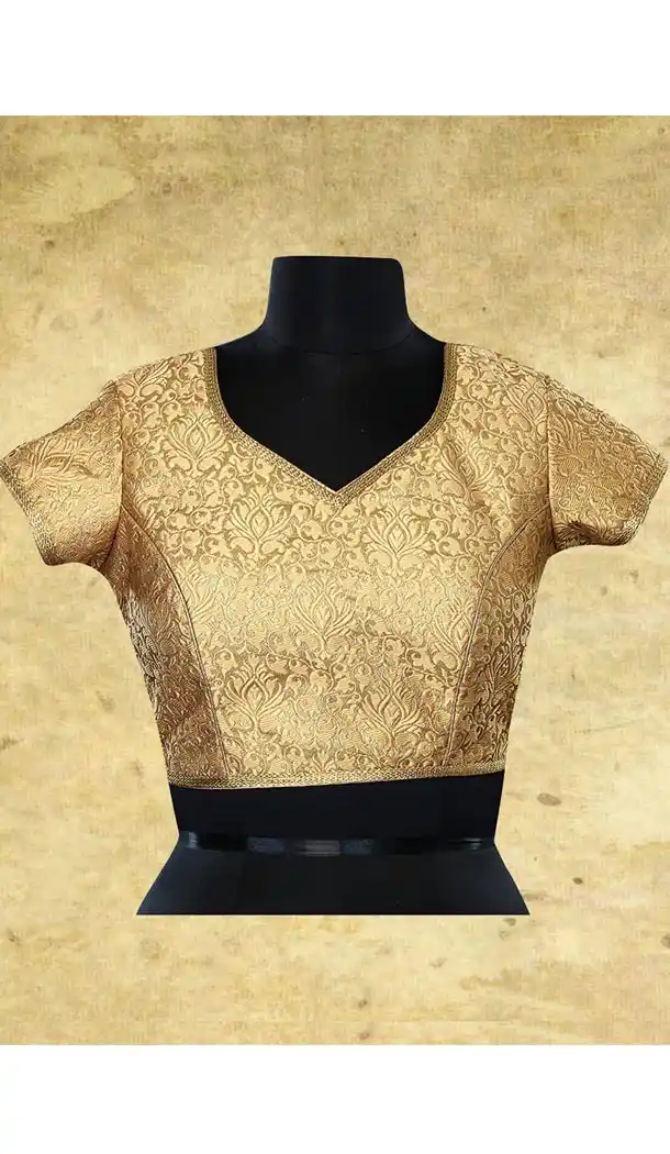 Designer Readymade Blouse in Beige Color Brocade Pointed V Neck | FH511877937