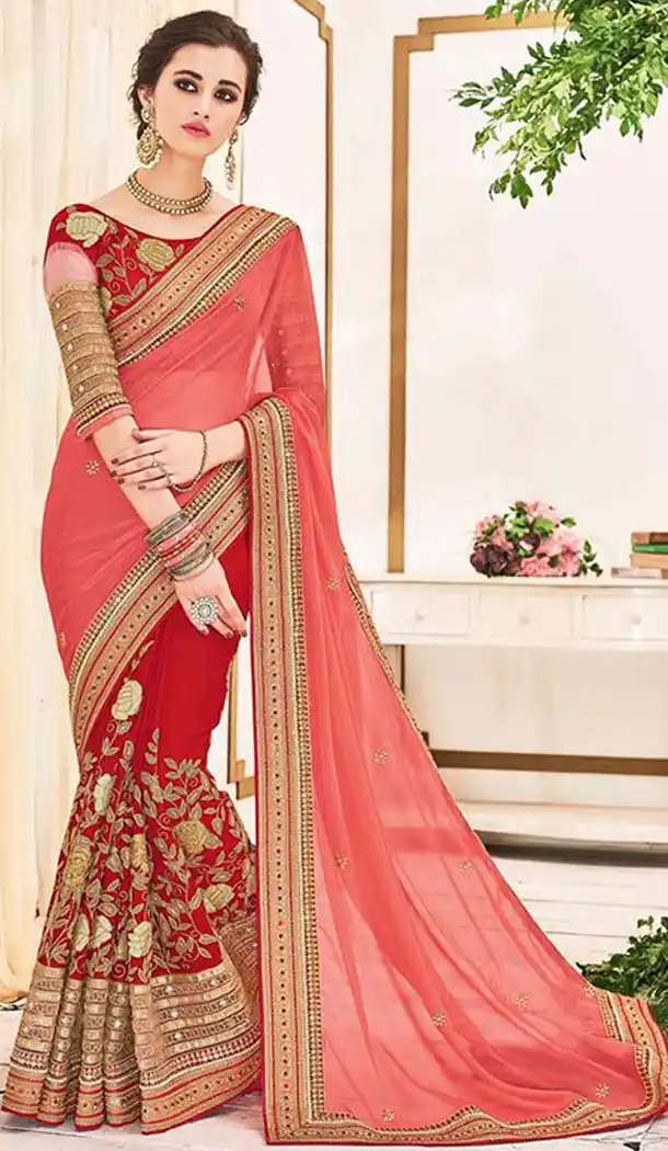 Georgette Fabric Red Color Half and Half Style Designer Saris | FH512077973