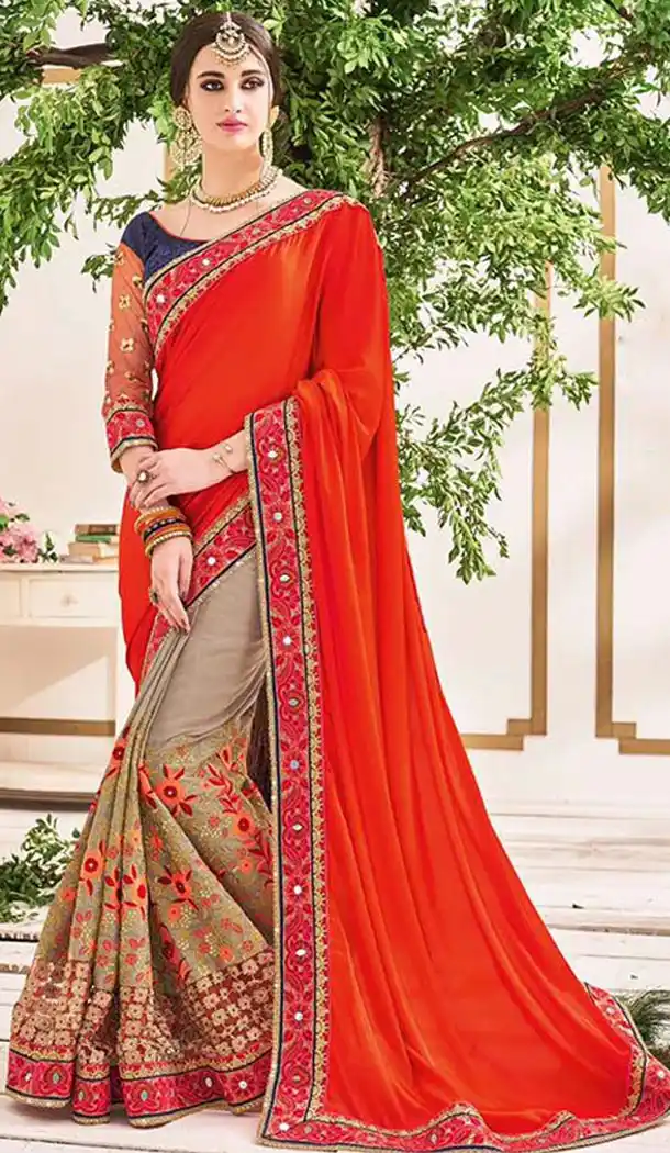 Georgette Fabric Red Color Half and Half Style Designer Saris | FH512077974