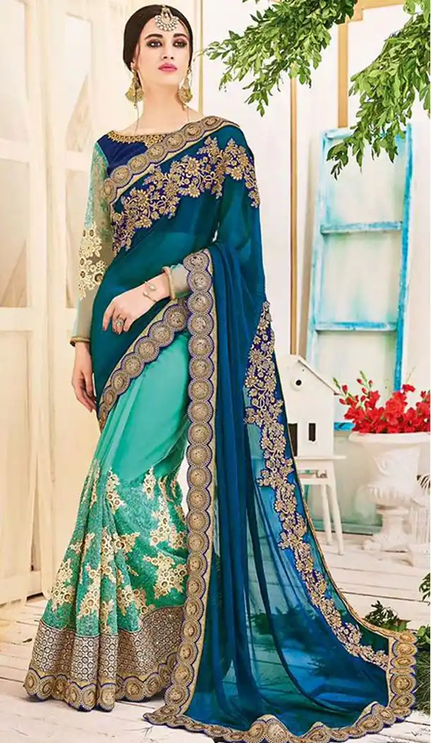 Georgette Fabric Turquoise Color Half and Half Style Designer Saris | FH512077975