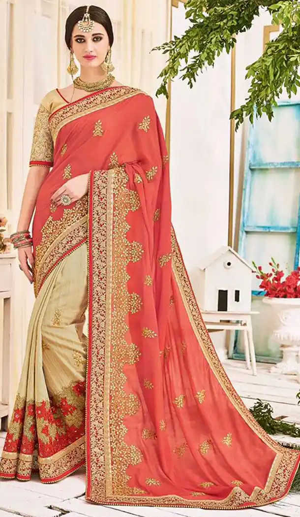 Georgette Fabric Beige Color Half and Half Style Designer Saris | FH512077976