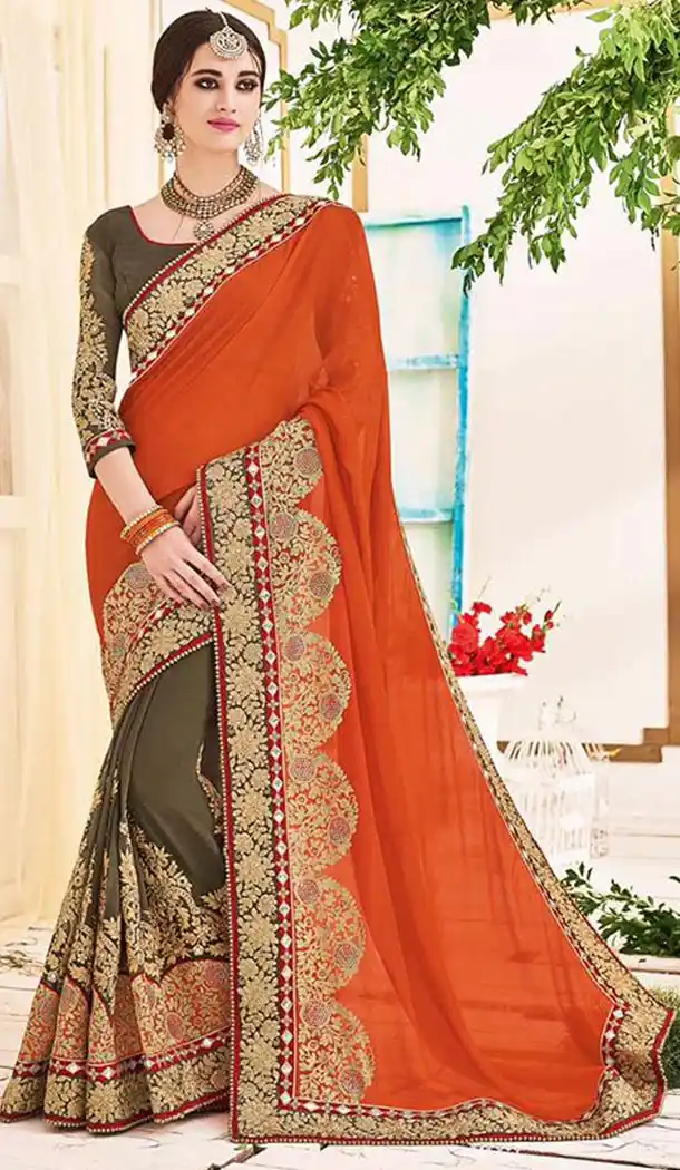 Georgette Fabric Orange Color Half and Half Style Designer Saris | FH512077977