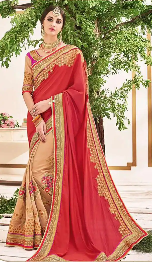 Georgette Fabric Beige Color Half and Half Style Designer Saris | FH512077978