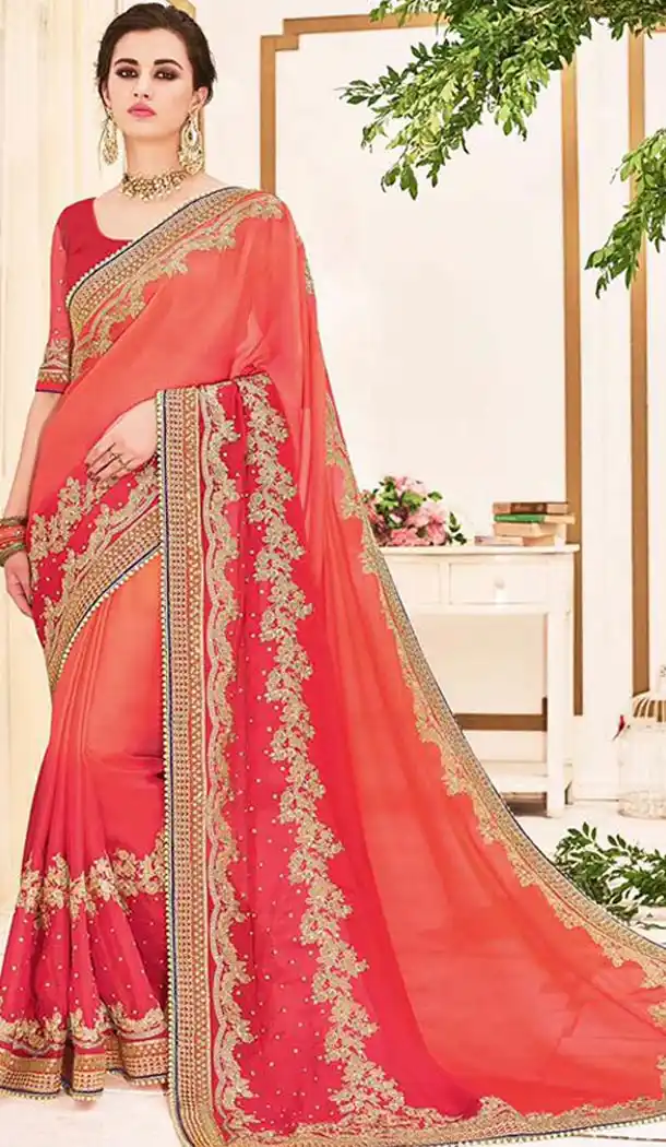 Georgette Fabric Salmon Color Traditional Style Designer Saris | FH512077980