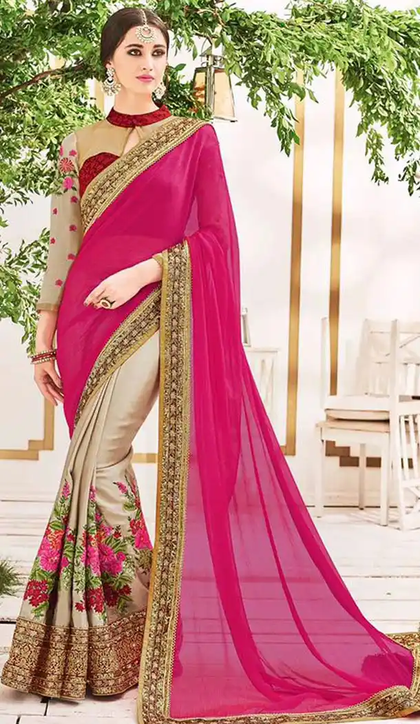 Georgette Fabric Pink Color Traditional Style Designer Saris | FH512077981
