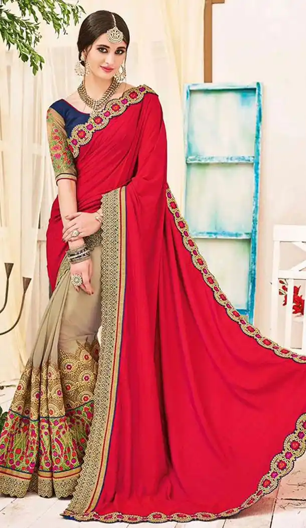 Georgette Fabric Deep Pink Color Traditional Style Designer Saris | FH512077983