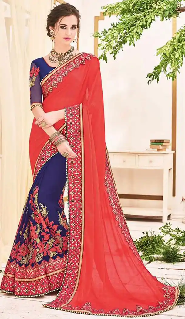 Georgette Fabric Navy Blue Color Traditional Style Designer Saris | FH512077984