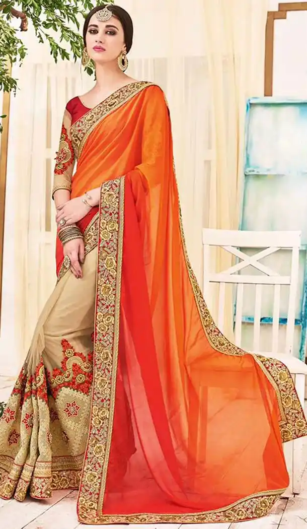 Georgette Fabric Orange Color Traditional Style Designer Saris | FH5120785