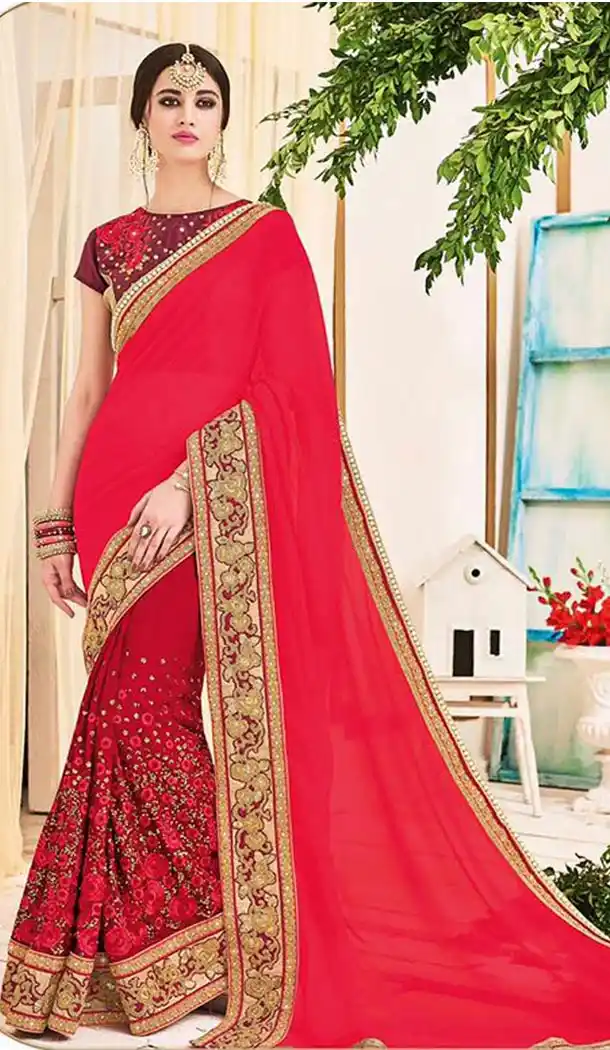Georgette Fabric Pink Color Traditional Style Designer Saris | FH512077986