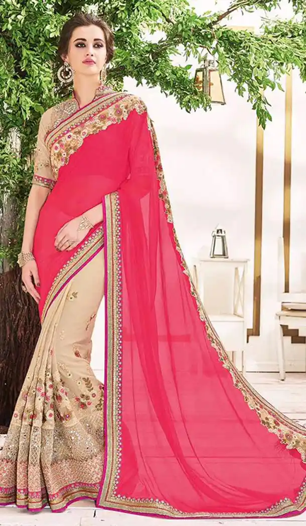 Georgette Fabric Deep Pink Color Traditional Style Designer Saris | FH512077987