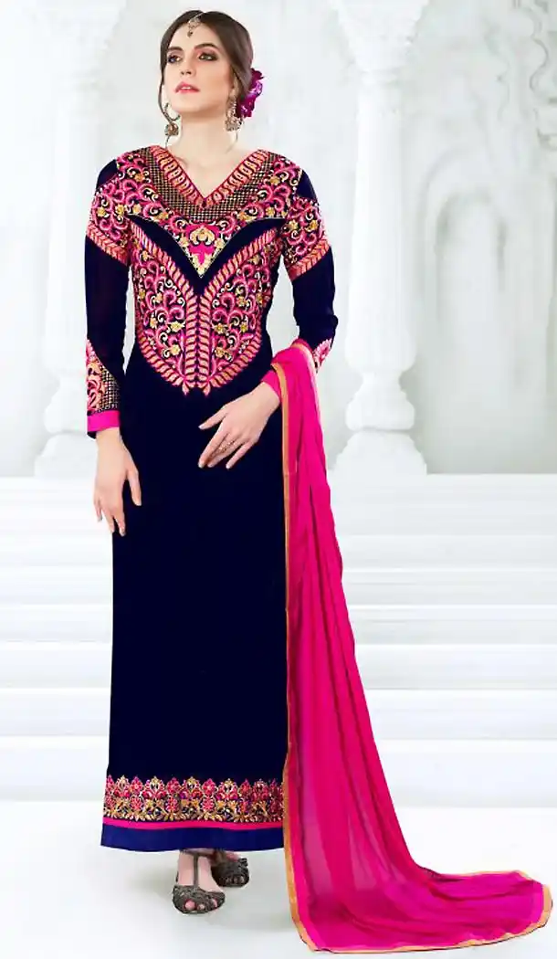 Navy Blue Color Georgette Straight Cut Casual Wear Salwar Kameez | FH512277990