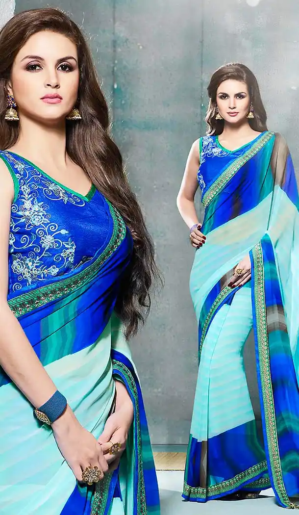 Georgette Fabric Sky Blue Color Printed Cascual Wear Saris | FH512377995