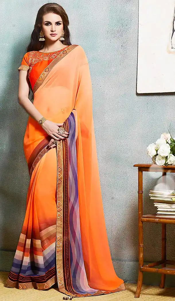 Georgette Fabric Orange Color Printed Cascual Wear Saris | FH512377996