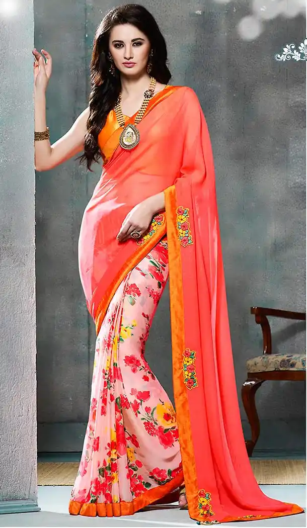 Georgette Fabric Mistyrose Color Printed Cascual Wear Saris | FH512377997
