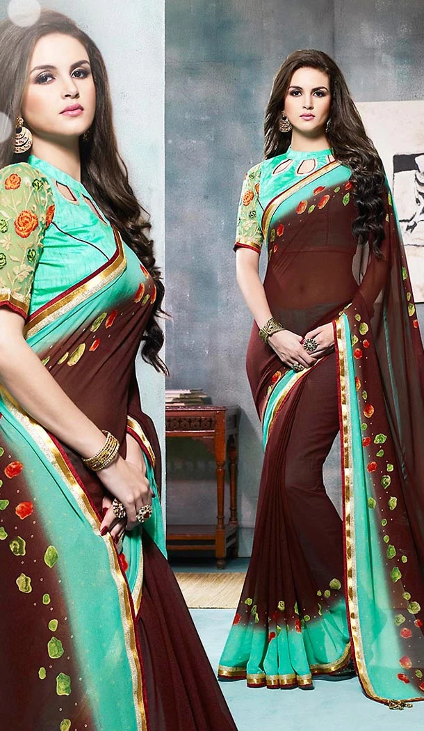 Georgette Fabric Chocolate Color Printed Cascual Wear Saris | FH512377998
