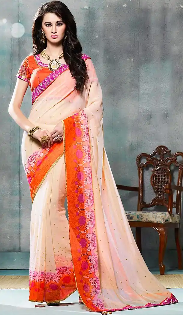 Georgette Fabric Cream Color Printed Cascual Wear Saris | FH512377999