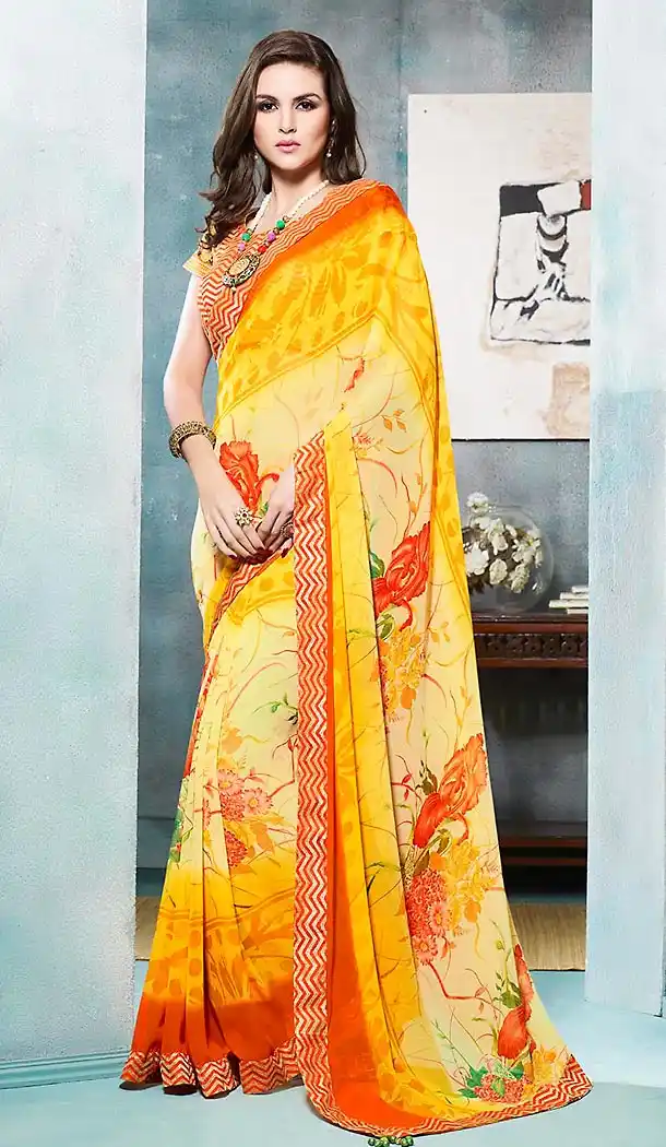 Georgette Fabric Yellow Color Printed Cascual Wear Saris | FH512378000