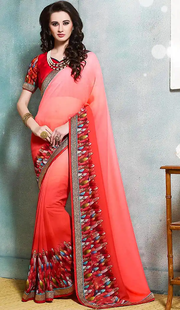 Georgette Fabric Red Color Printed Cascual Wear Saris | FH512378001