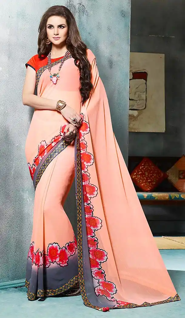 Georgette Fabric Mistyrose Color Printed Cascual Wear Saris | FH512378002