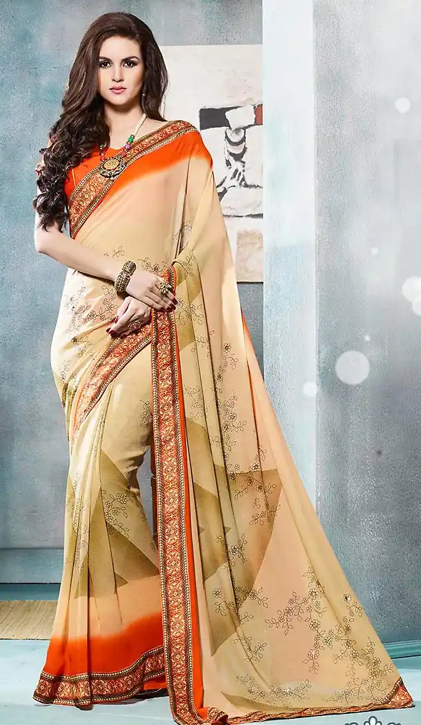 Georgette Fabric Beige Color Printed Cascual Wear Saris | FH512378003