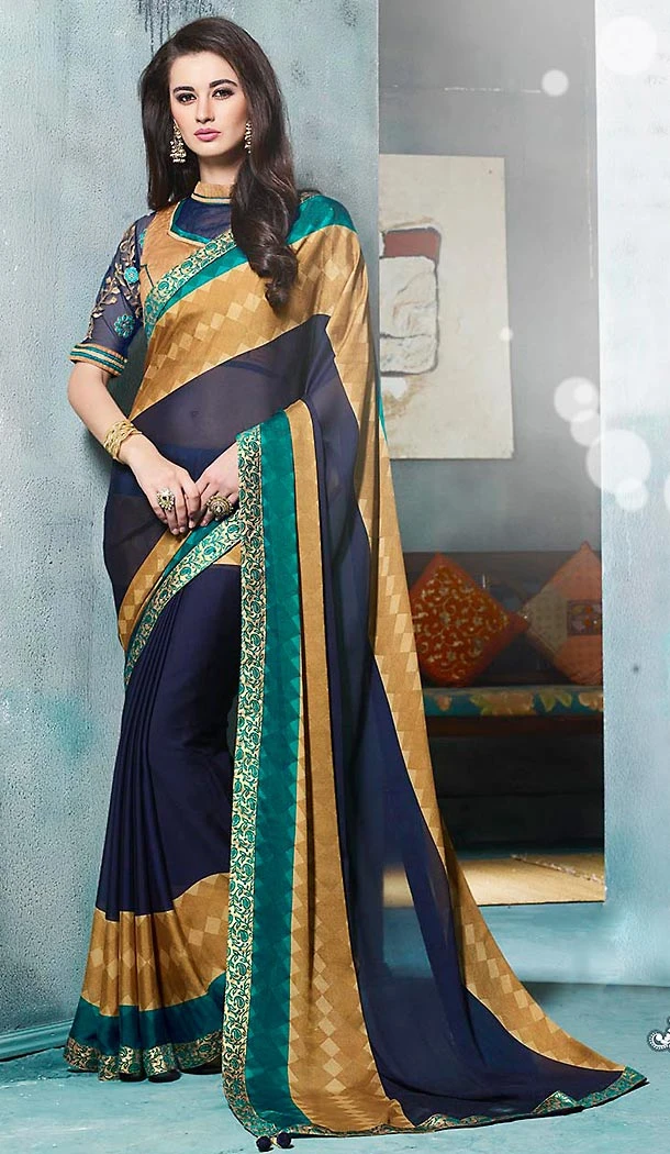 Georgette Fabric Navy Blue Color Printed Cascual Wear Saris | FH512378005