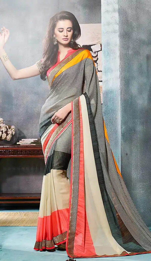 Georgette Fabric Cream Color Printed Cascual Wear Saris | FH512378006