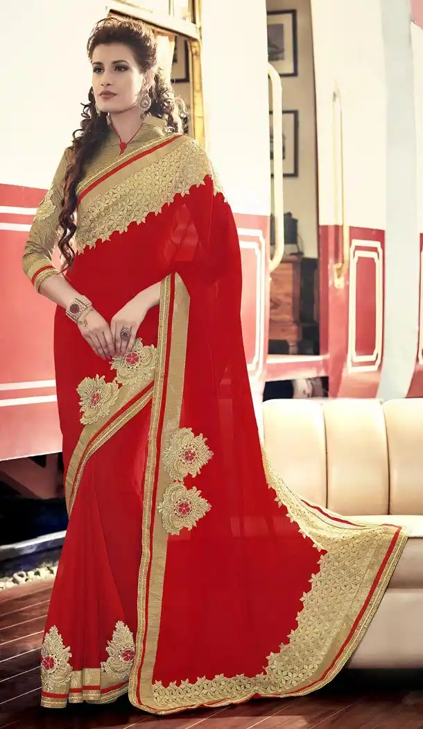 Georgette Fabric Red Color Embroidered Party Wear Saris | FH512778053