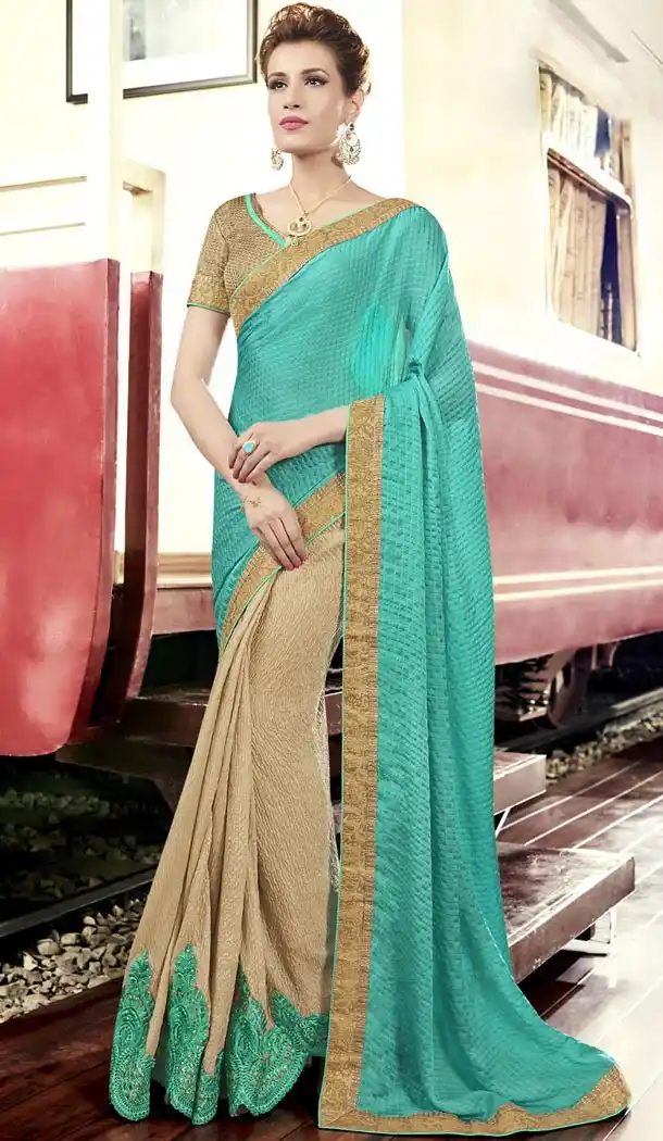 Chiffon Satin Fabric Turquoise Color Embroidered Party Wear Saris | FH512778054