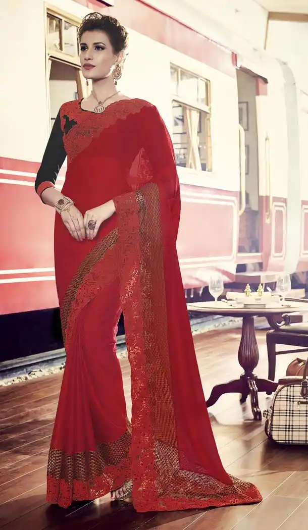 Chiffon Satin Fabric Red Color Embroidered Party Wear Saris | FH512778055